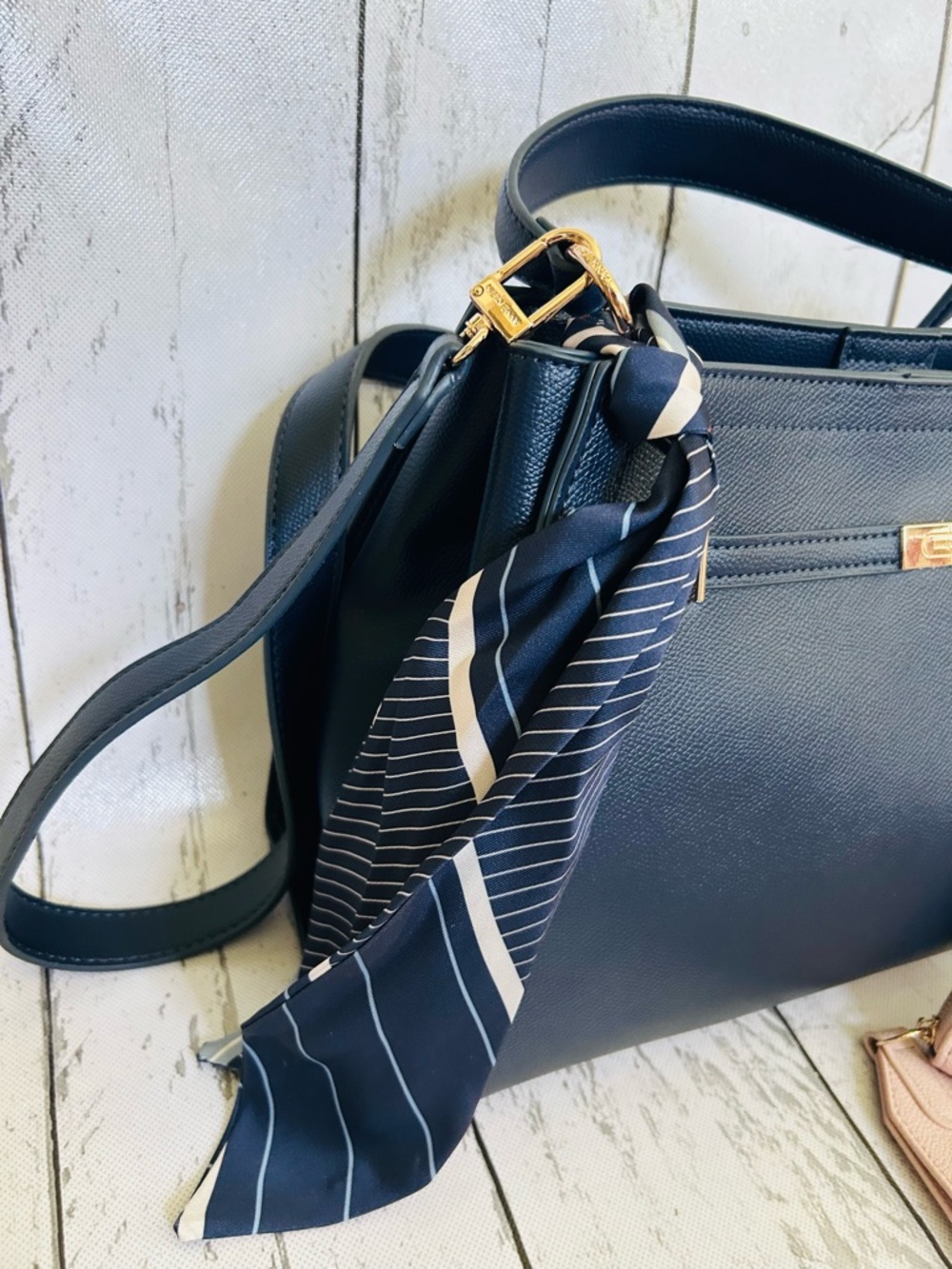Anne Klein Navy Satchel Purse + Blush Pink Wallet & Scarf Accent Bundle - Picture 4 of 13